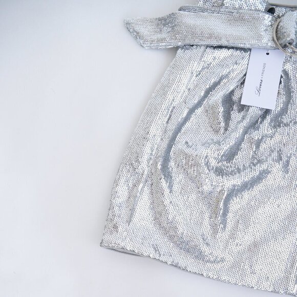 Lovers + Friends Silver Shimmery Sequin Mini Skirt with Belt S  NWT - Picture 6 of 10
